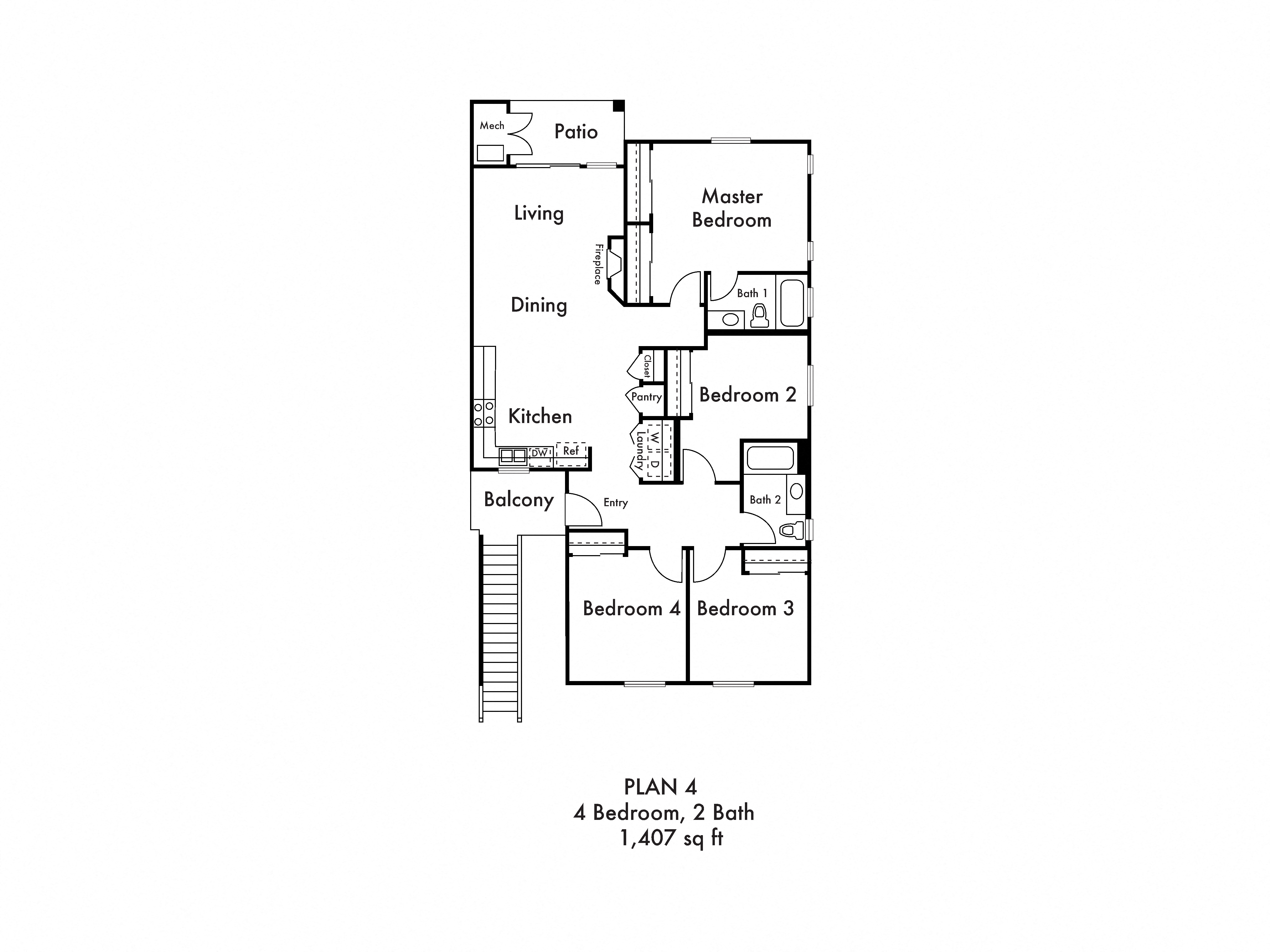 Floor plan for 4 beds, 2 baths, 1407 sqft
